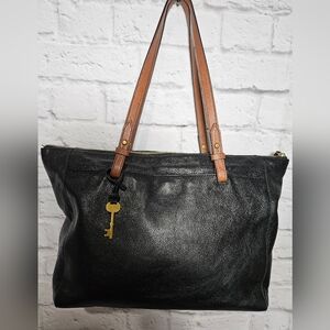 Black Leather Fossil Rachel Tote Bag With Key
